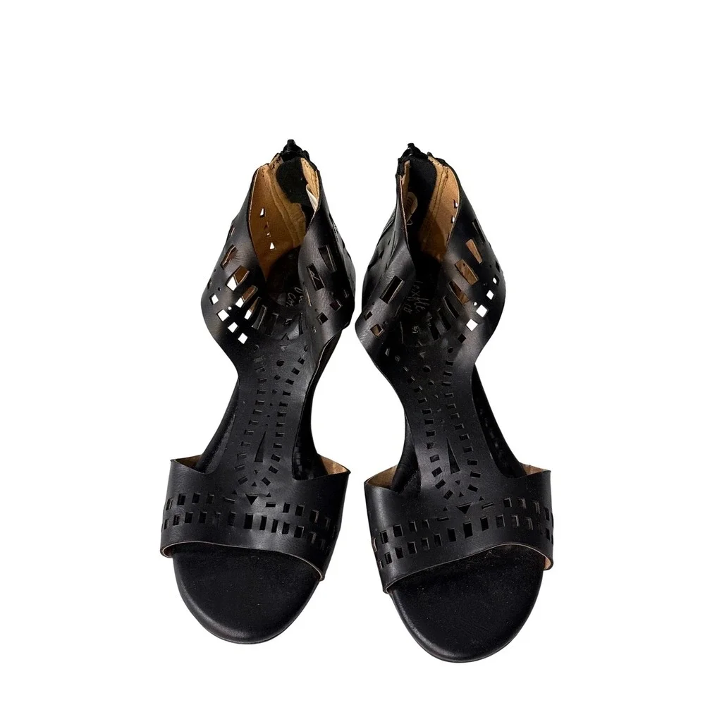 Dexflex Comfort Black Laser Cut Wedge Sandals Open Toe Back‎ Zip 7.5